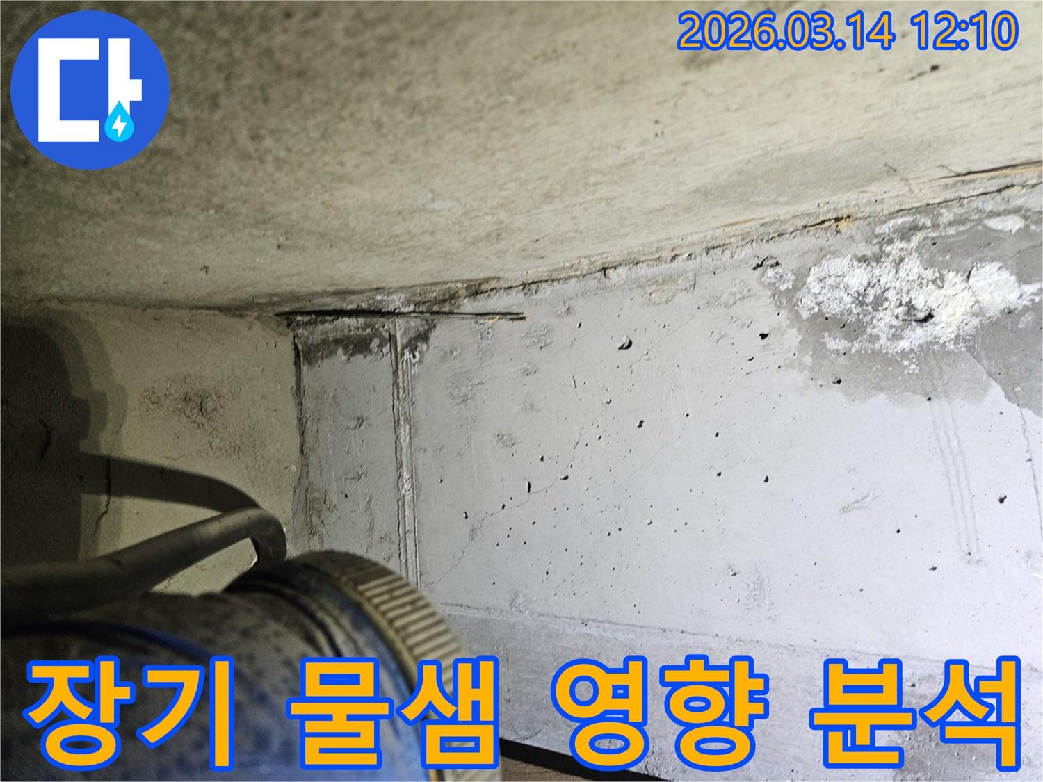 콘크리트 구조물에-장기적인 물샘으로 인해 발생한-피해와 영향을-분석하는 현장 사진