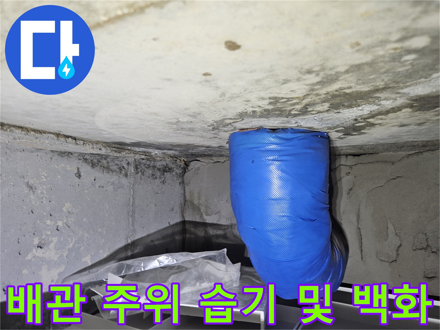파란색 보온재 배관-주변 콘크리트의 하얀 백화 현상