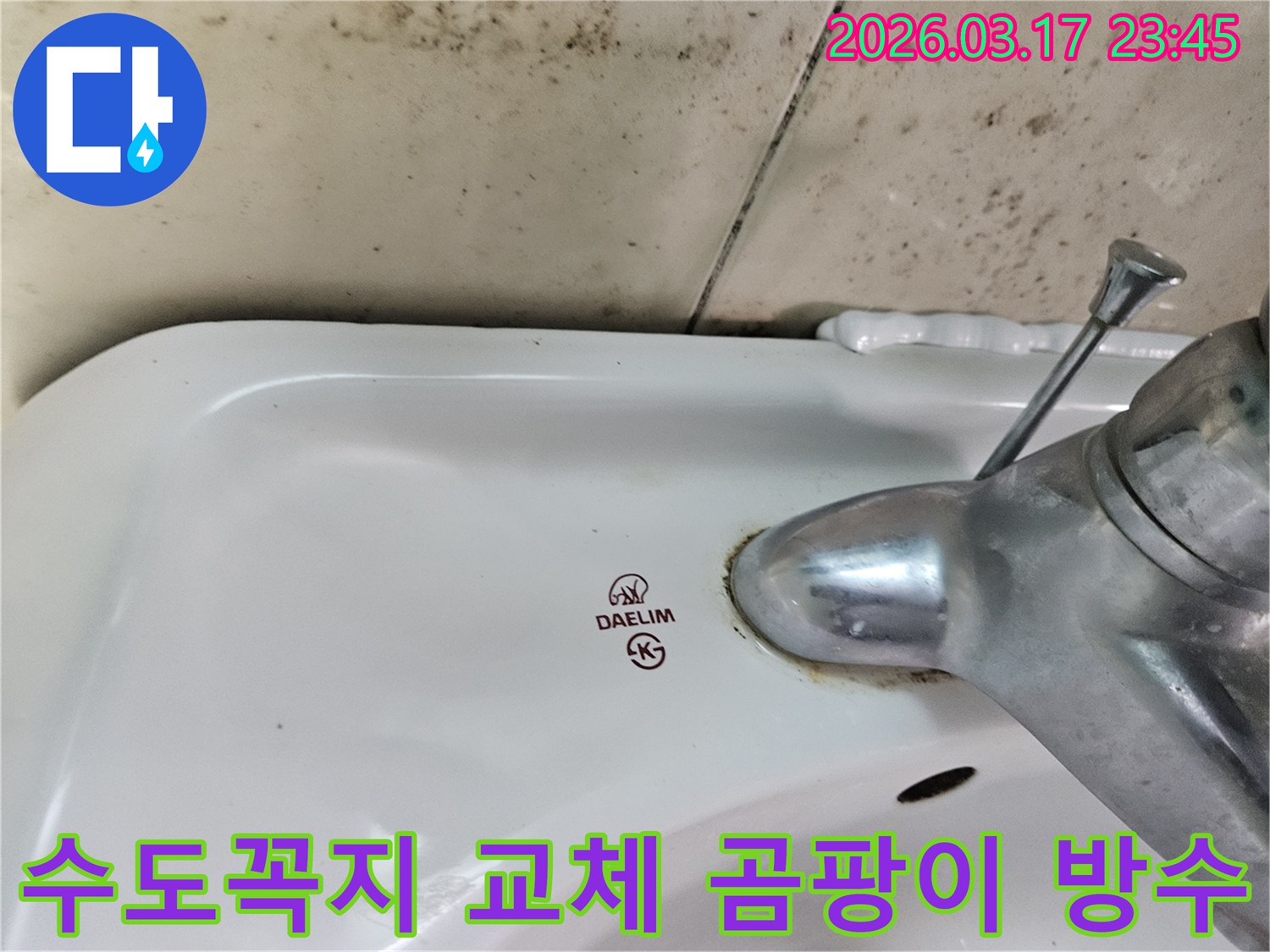 대림 세면대 수도꼭지 주변의 물때와-벽면에 번진 검은 곰팡이가-수도꼭지 교체와 곰팡이 제거-그리고 방수 시공이 필요한 누수 현장을 보여줍니다.