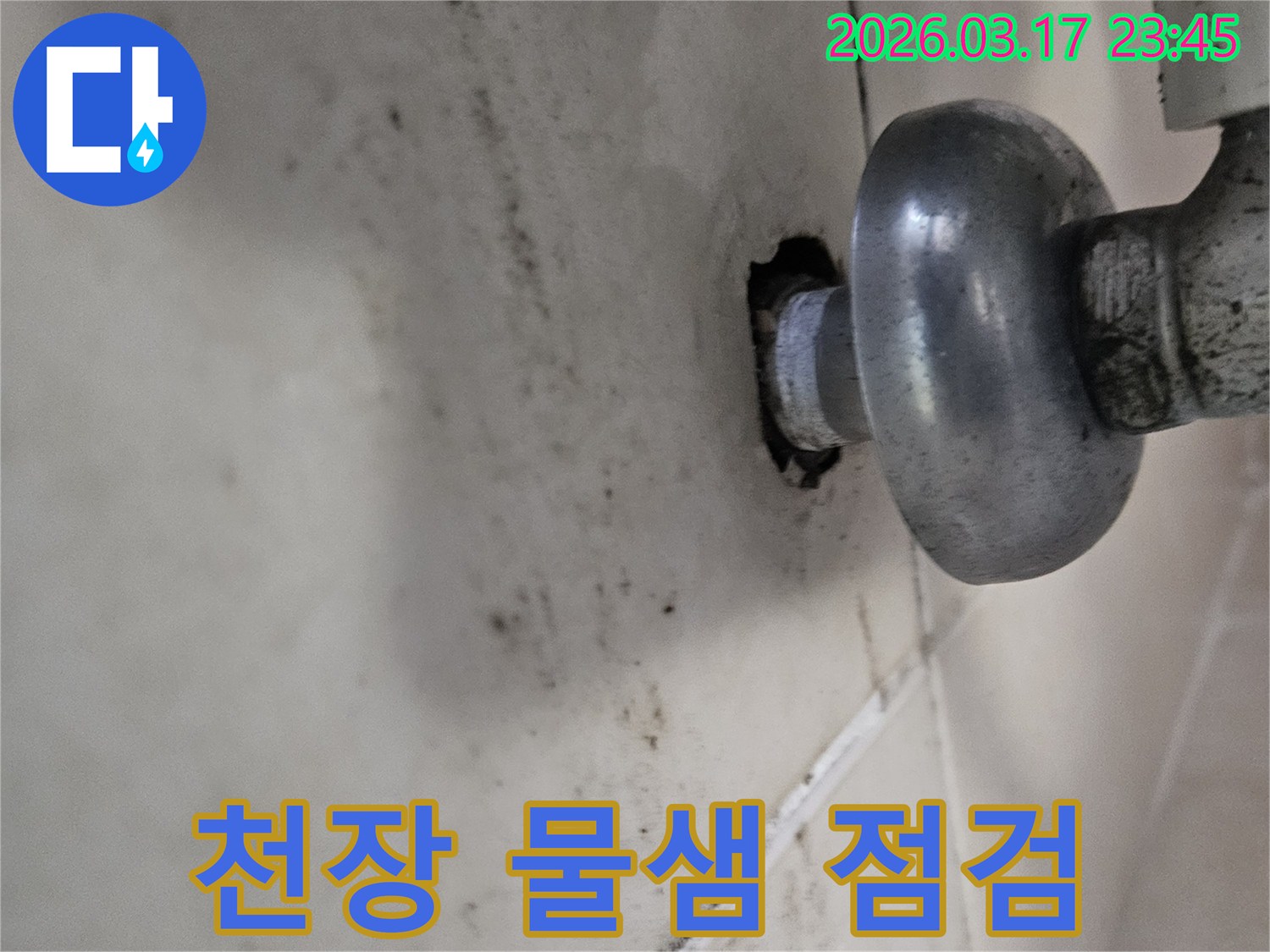 배관 연결 부위에서 시작된 누수-천장으로 번진 곰팡이 흔적입니다
