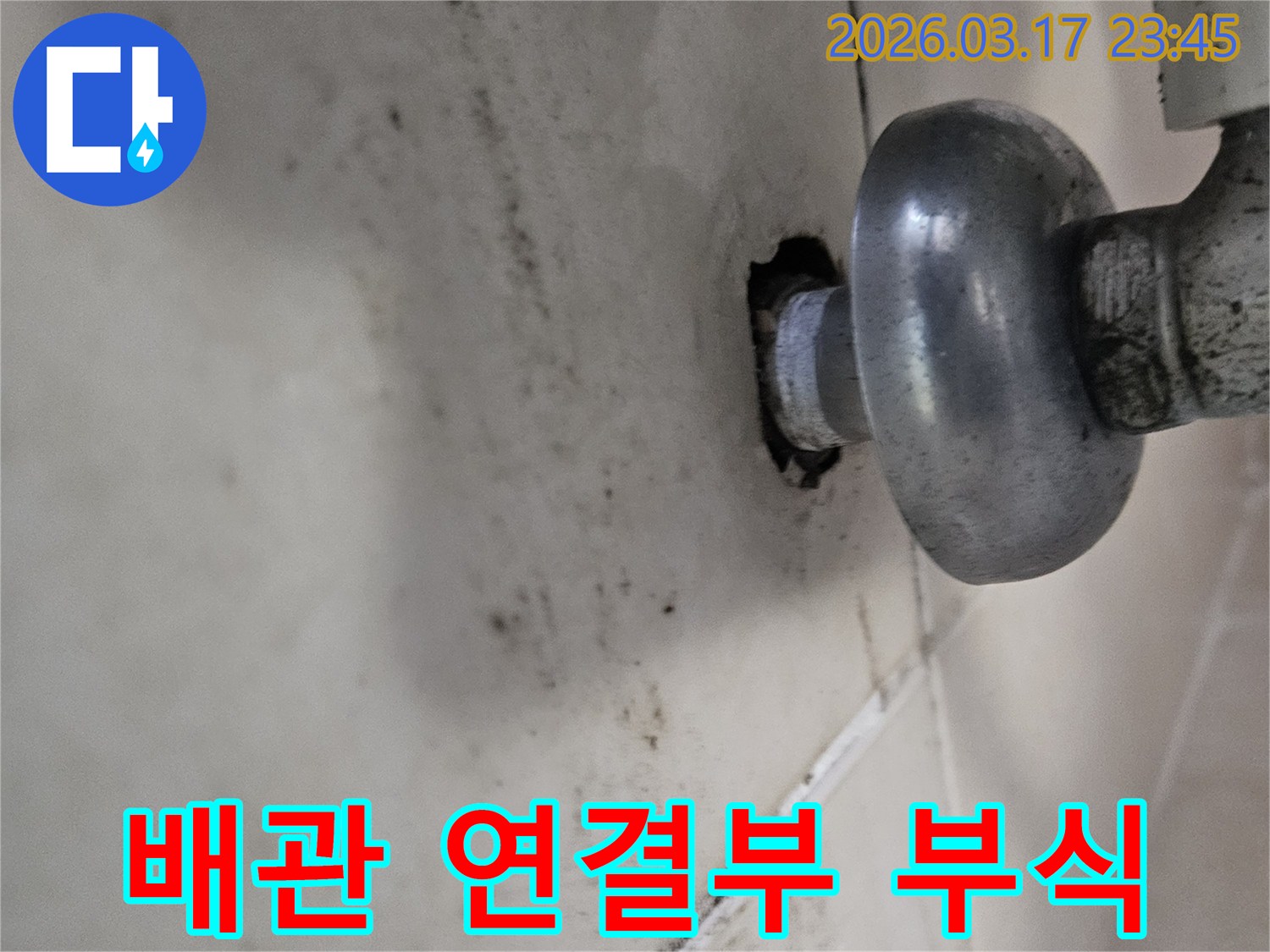 오래된 배관의 부식으로 인해-천장으로 물이 새어 곰팡이가 발생했습니다