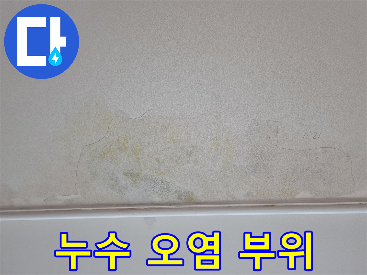 천장 벽지 하단-습기로 인해 노랗게 변한 오염 구역