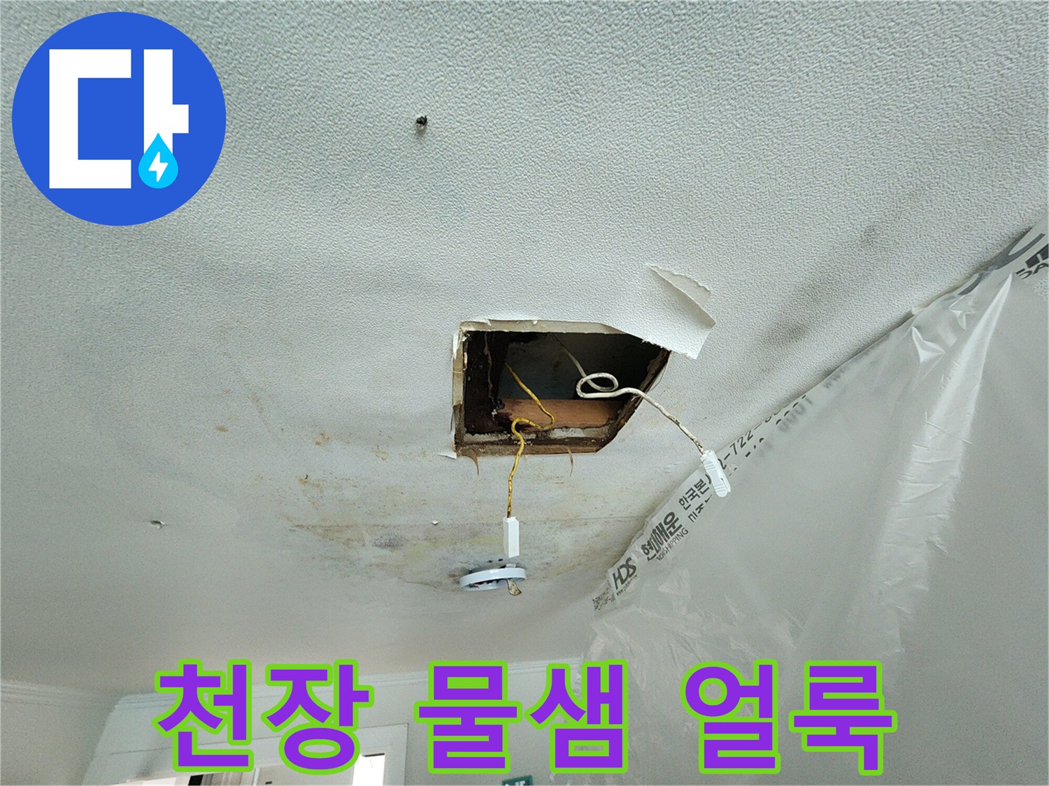천장 절개 후 나타난 누수 흔적과 배선