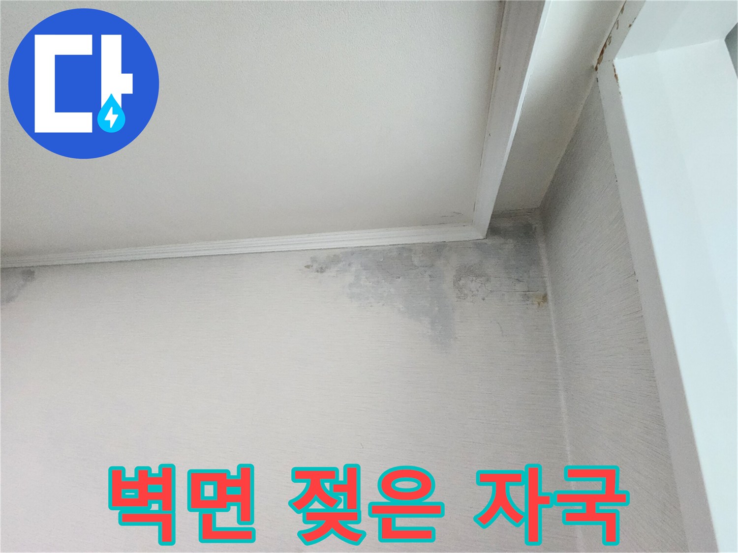천장과 벽면 사이의 눅눅한 누수 오염 부위