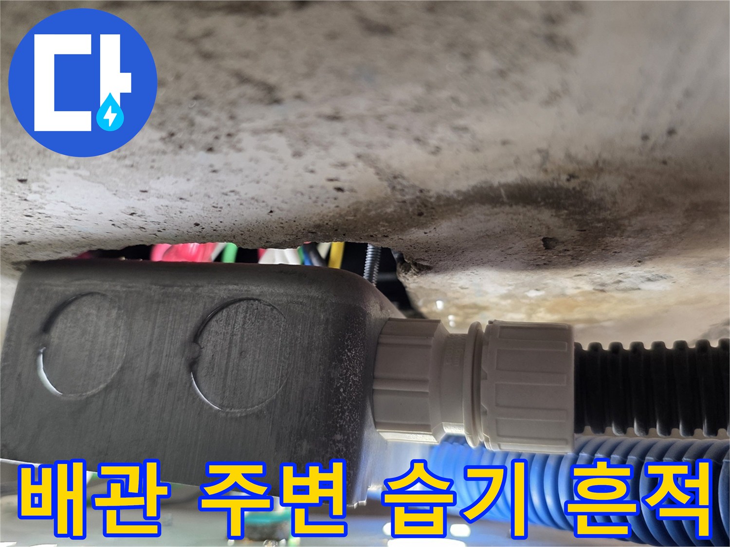 천장 내부 구조물-축축하게 젖어 있는 배관 연결 부위