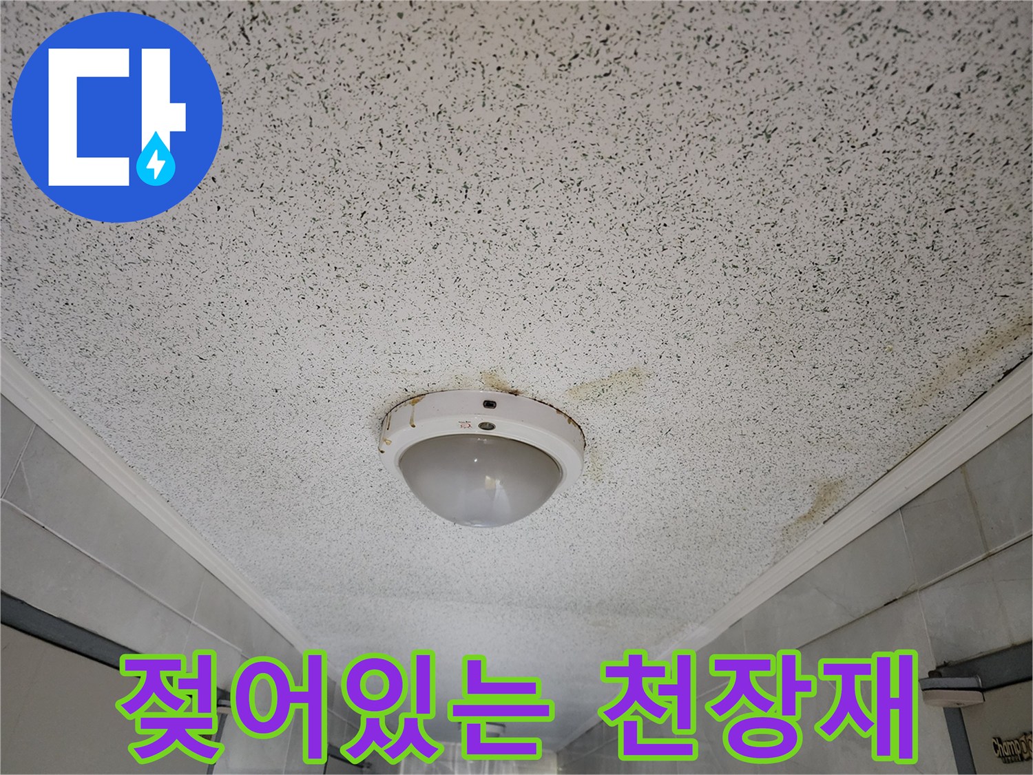 습기로 인해 변색된 천장 마감재와 전등 부위