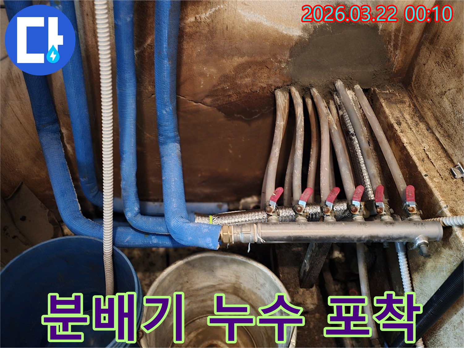 파란색 보온재로 감싸진 배관과- 여러 개의 밸브가 달린 분배기- 그리고 누수로 인해 물을 받고 있는 양동이가 함께 찍힌 사진입니다.