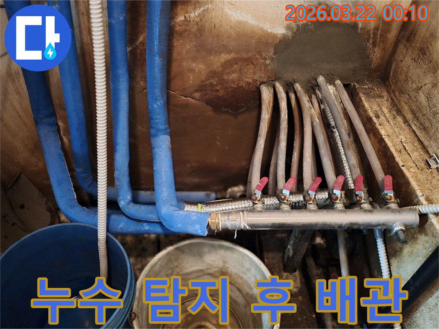 파란색 보온재로 감싸진 배관과- 여러 개의 밸브가 달린 분배기- 그리고 누수로 인해 물을 받고 있는 양동이가 함께 찍힌 사진입니다.