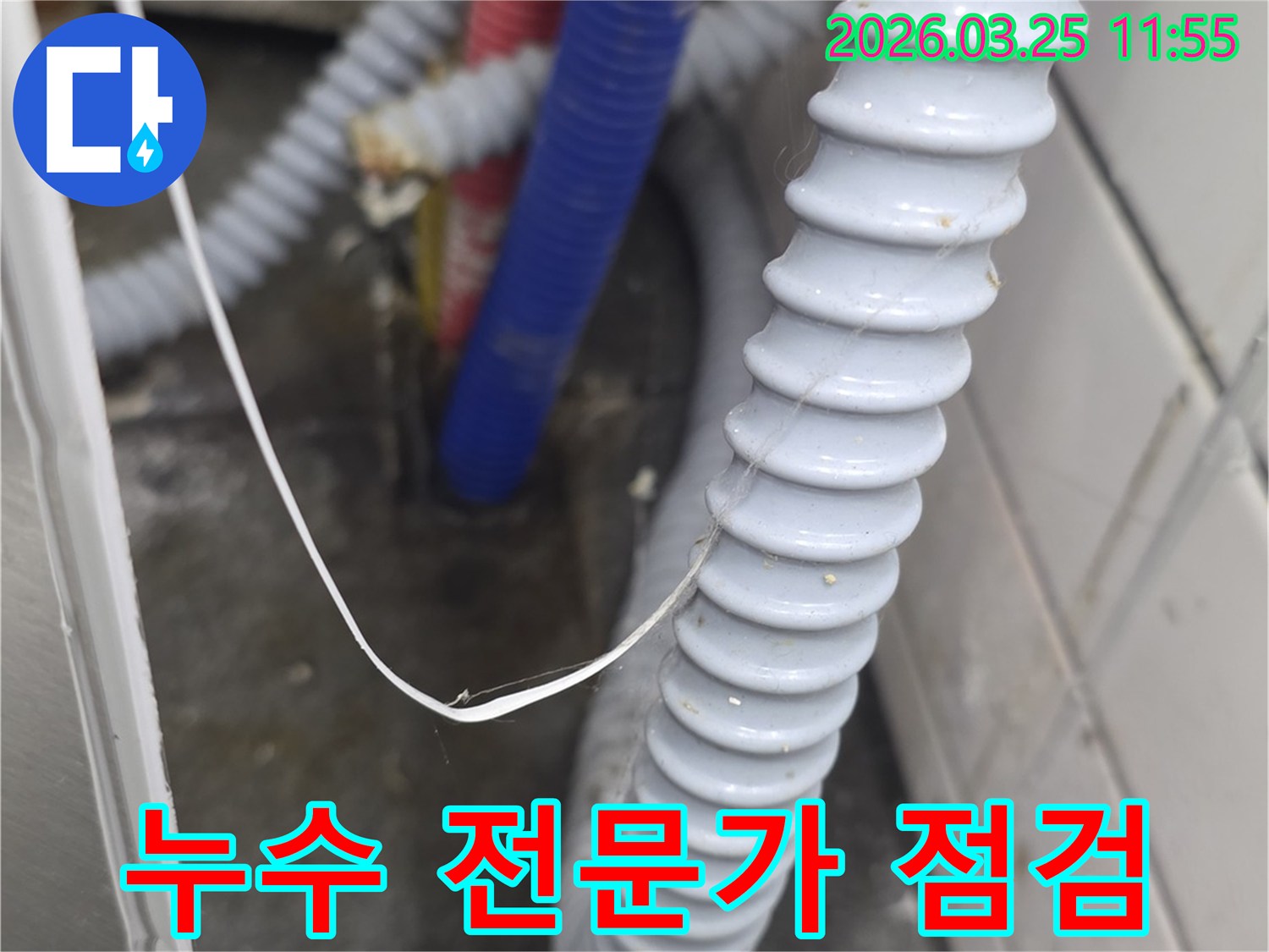 복잡한 배관과-주름진 호스 주변을-누수 엔지니어가-전문적인 지식과 경험으로-꼼꼼히 점검하는 모습