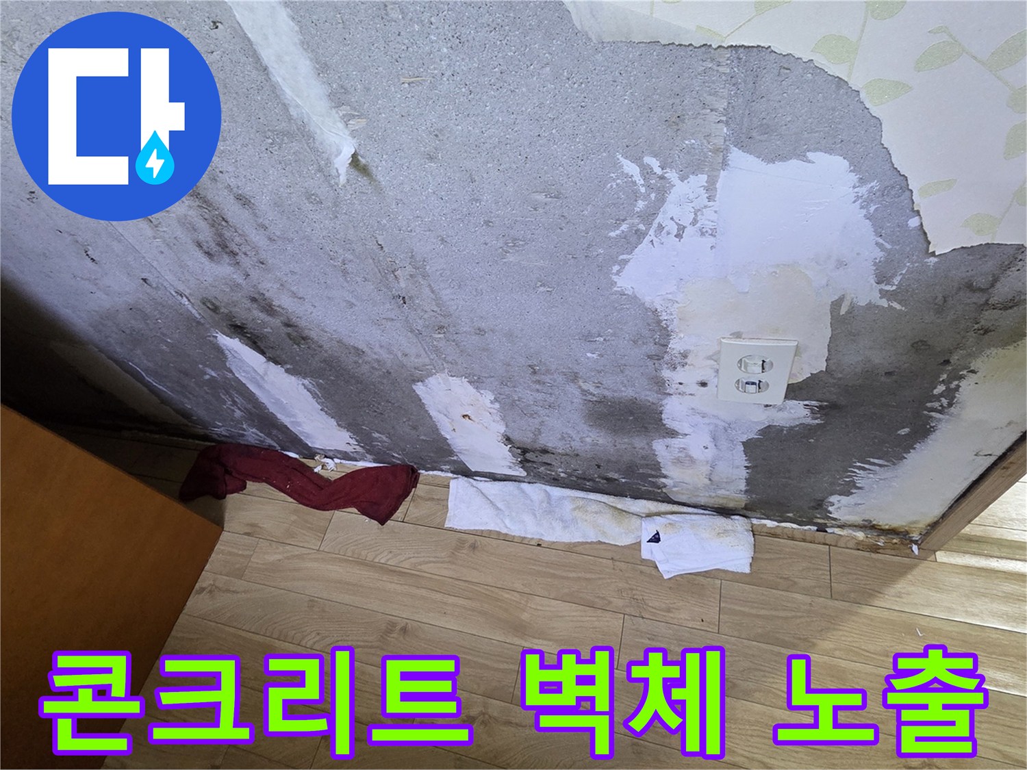 도배지가 제거된 콘크리트 벽면-습기로 인한 변색 상태