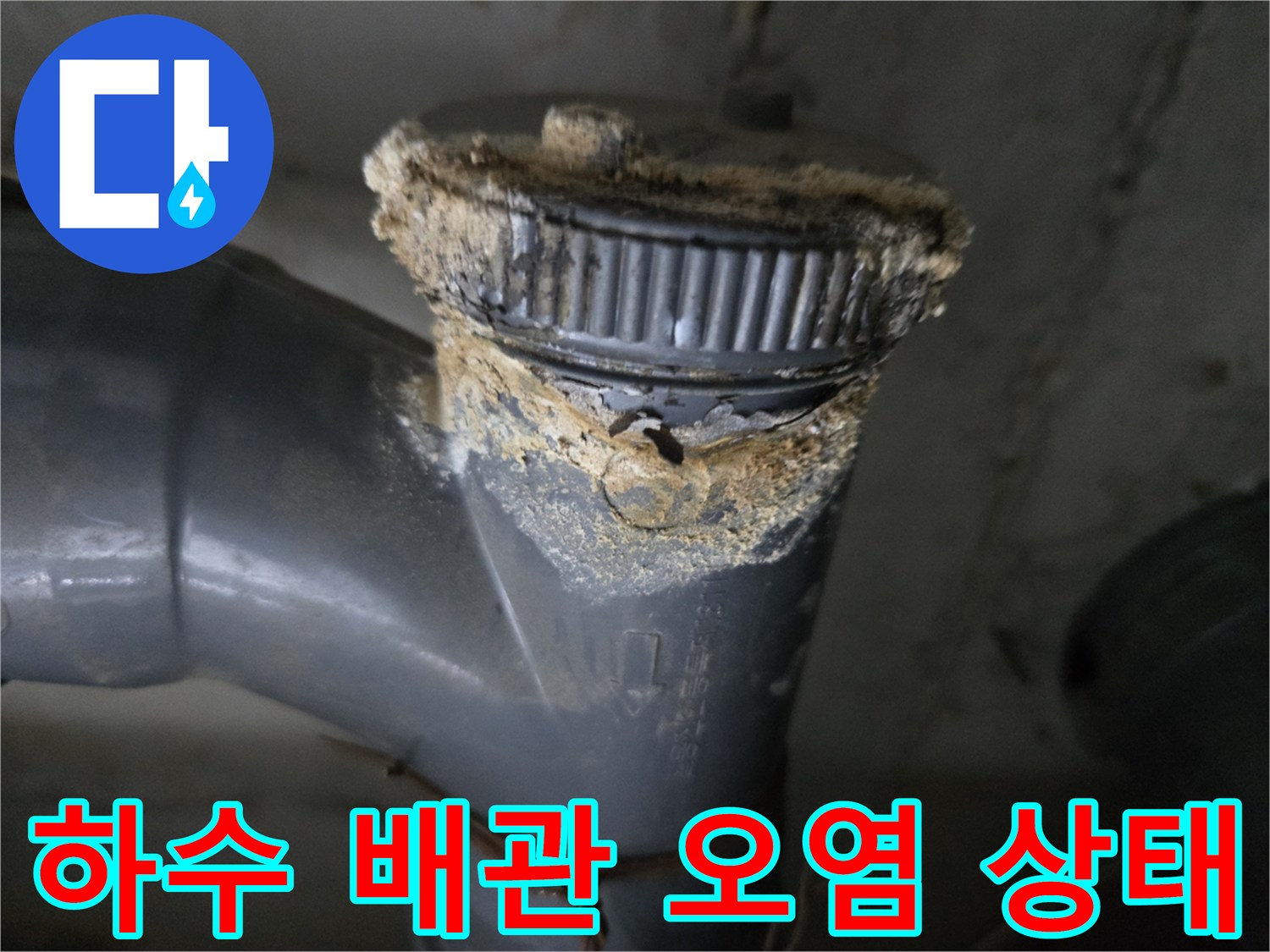 심하게 오염된 하수 배관 연결부의 근접 촬영