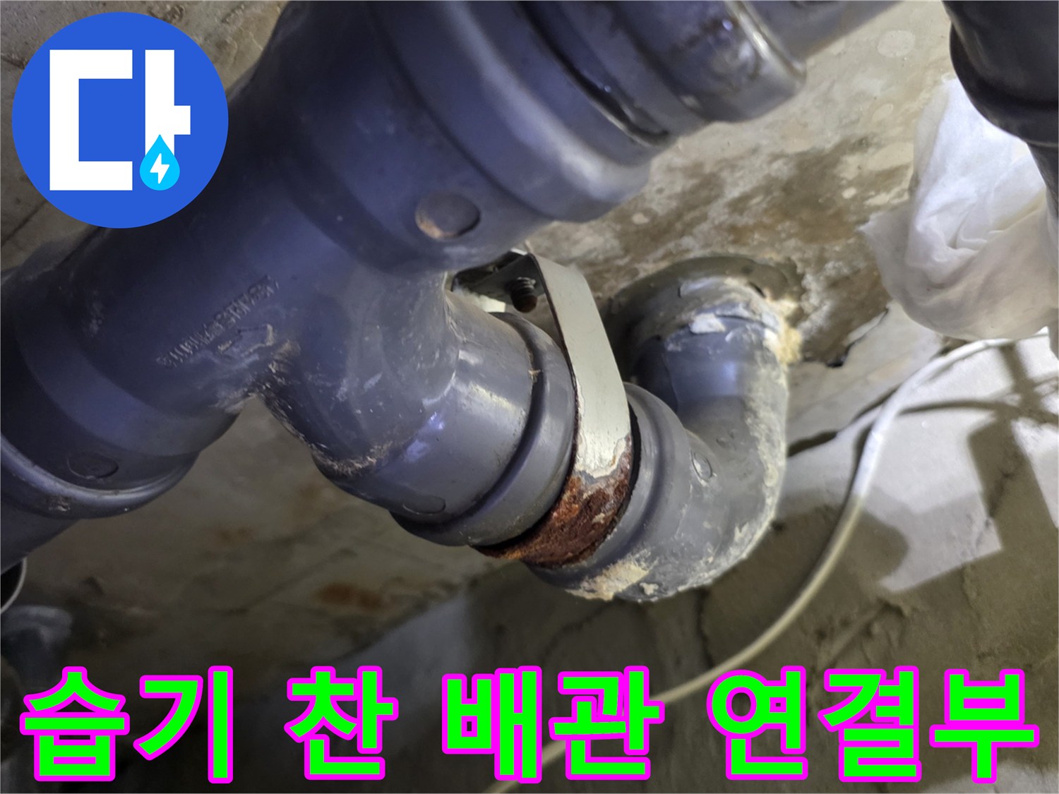 연결 부위의 습기와 오염이 심한 하수 배관