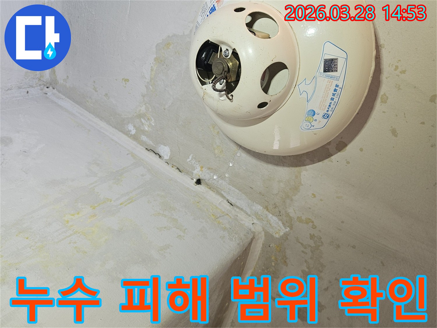 천장-온수기-아래-누수로-인해-벽과-천장에-광범위하게-퍼진-물자국과-곰팡이가-발생하여-누수-피해-범위-확인이-시급한-현장