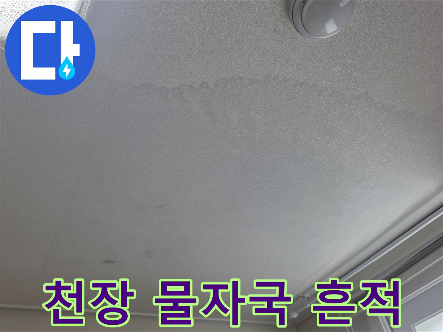 천장 벽지 위로 넓게 번진 누수 피해 부위