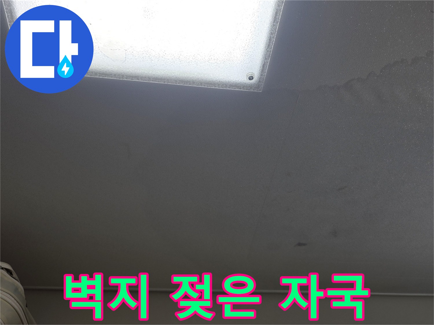 천장 벽지가 눅눅하게 젖어 변색된 누수 피해 부위