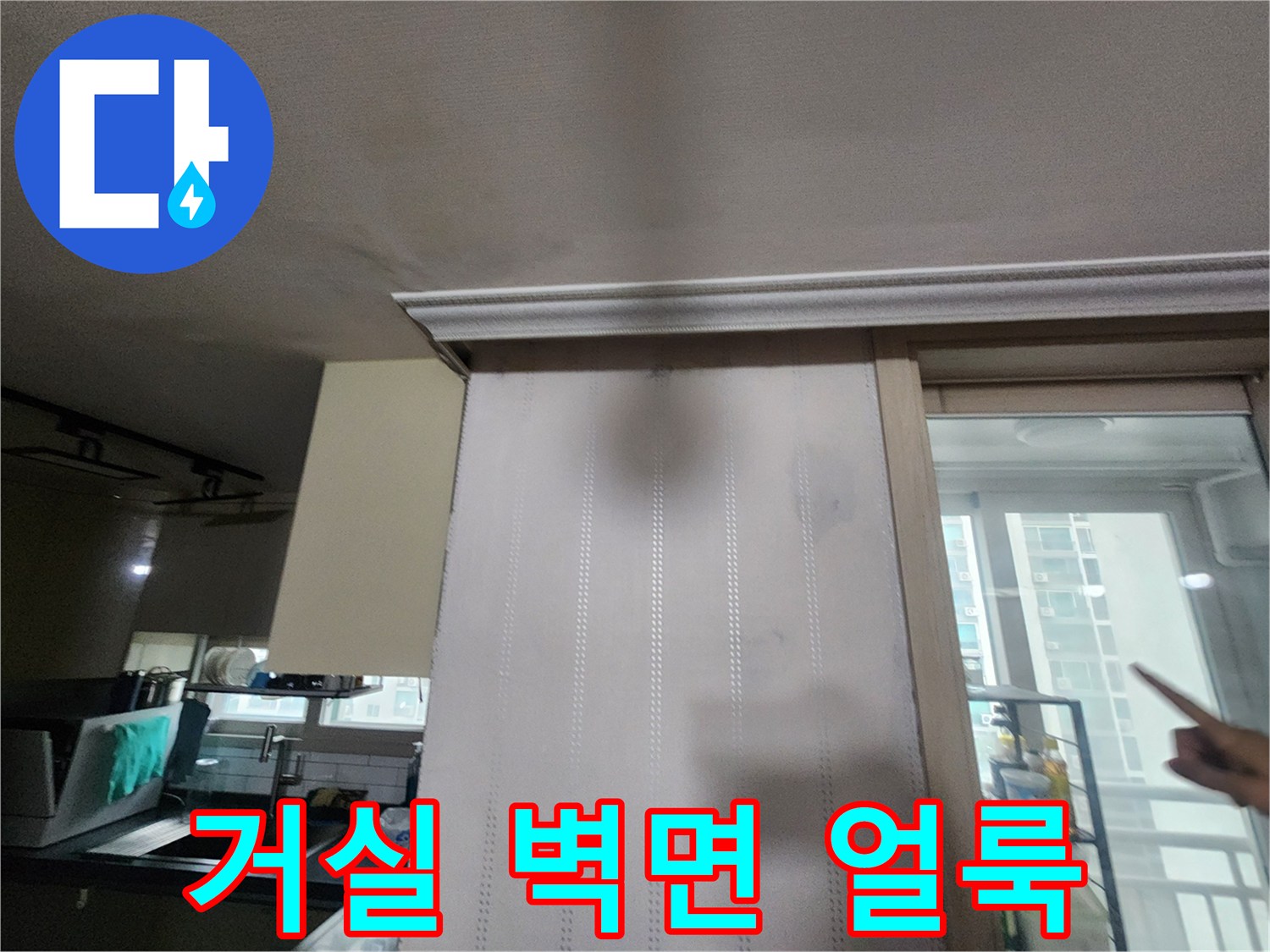 벽지와 천장 몰딩 근처의 젖은 흔적 상세 사진
