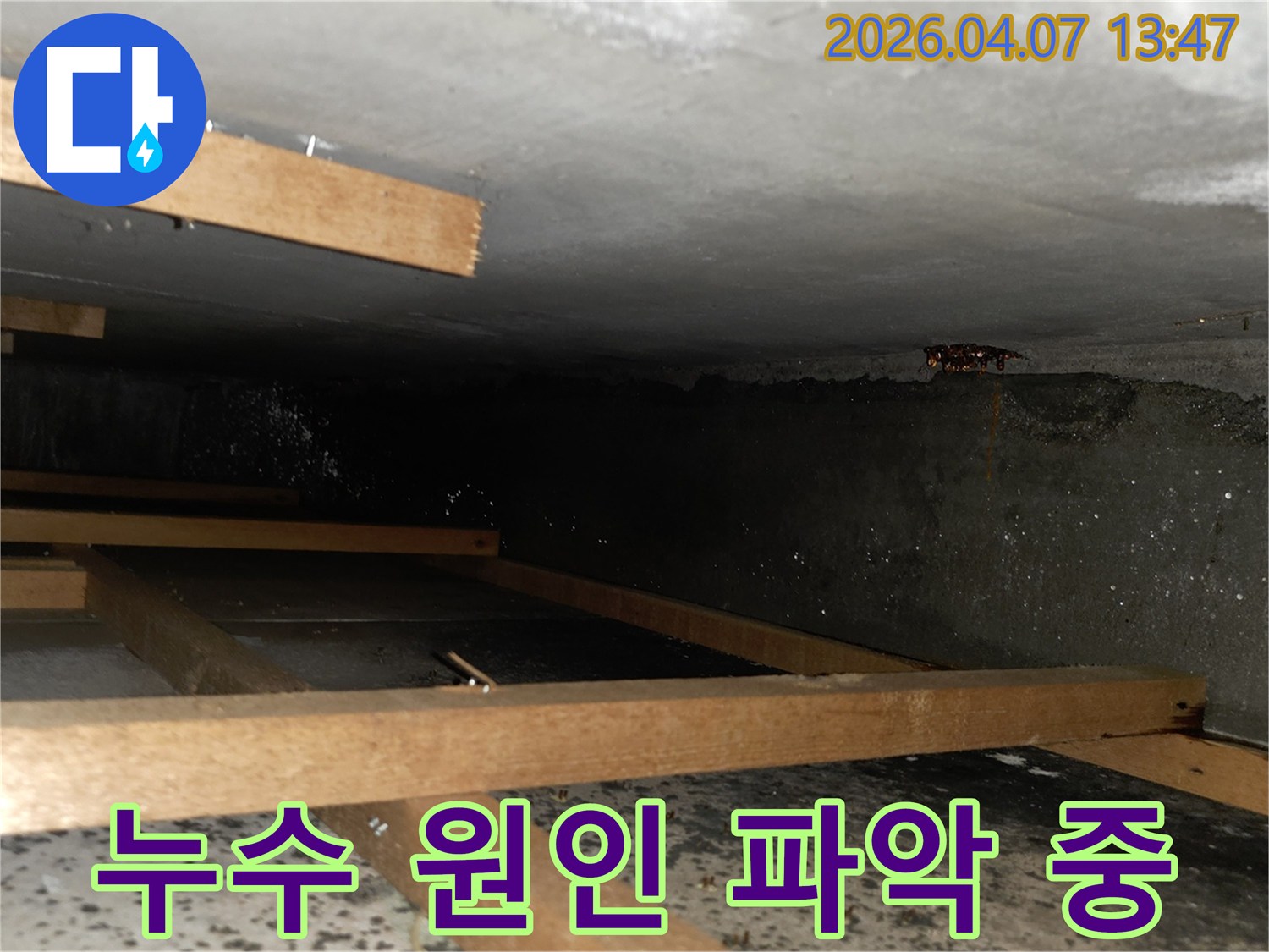 어두운 공간에서 천장 콘크리트에서 물이 떨어지는 누수 현장을 점검하는 모습