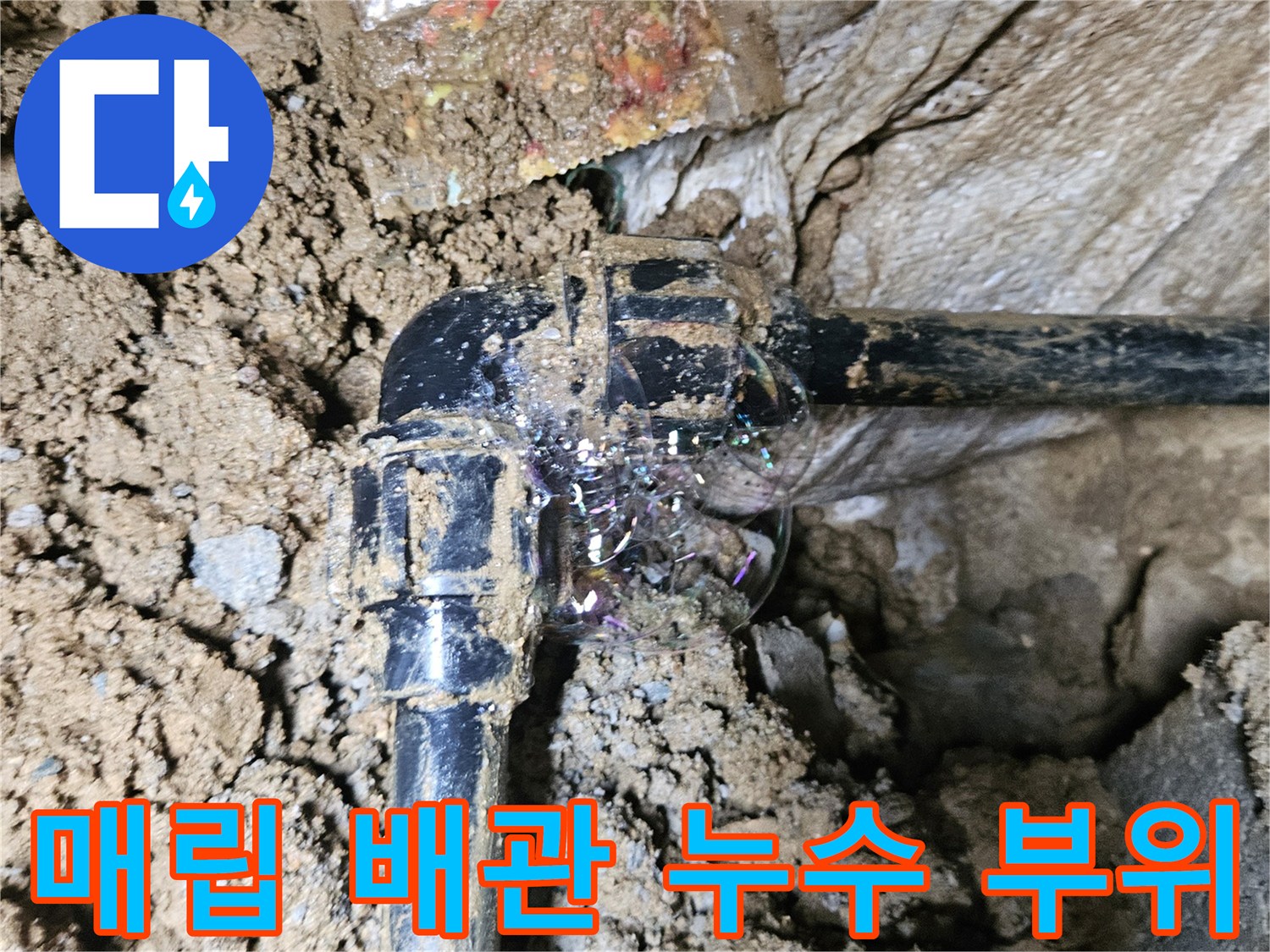 조종면 현장-흙을 걷어내고 찾아낸 검은색 폴리에틸렌 배관의 결함 부위