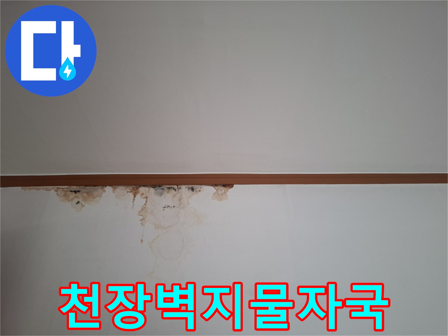 누수로 인해 변색되고 젖은 천장 벽지와 몰딩 부위