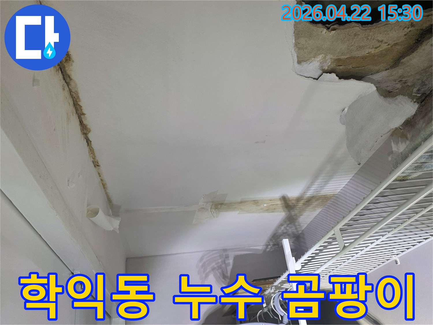 천장 누수로 인해 물자국과-곰팡이가-심하게-발생하고-마감재가-손상된-현장-사진입니다
