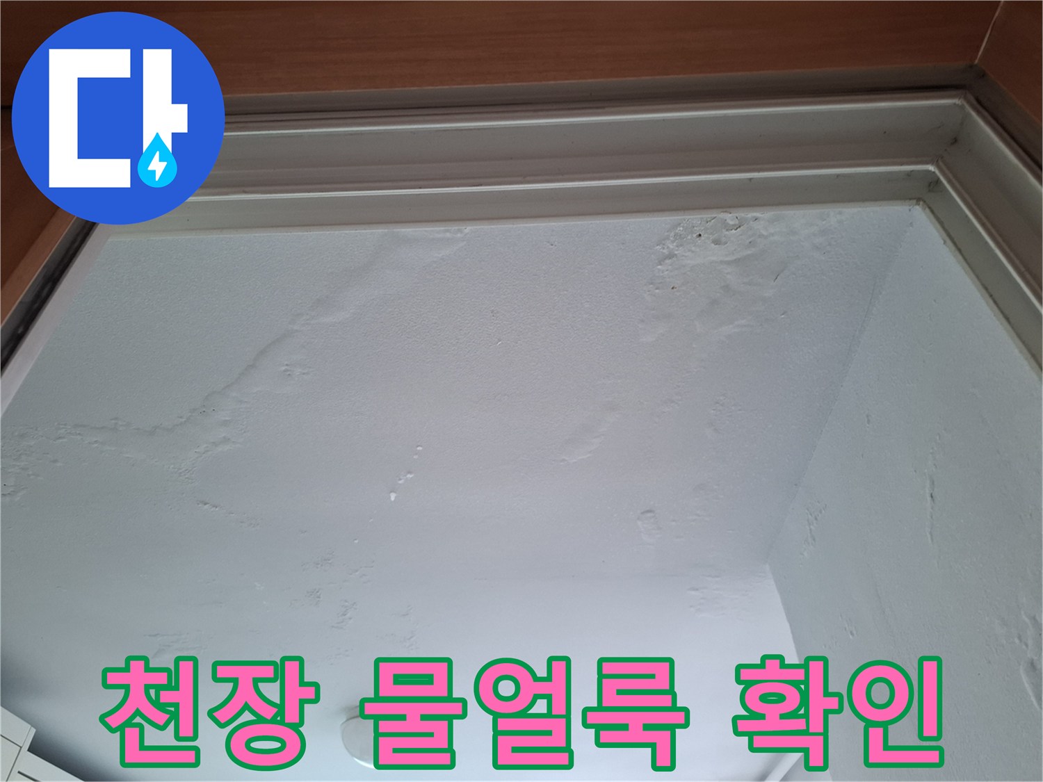 천장 벽지 곳곳에 나타난 불규칙한 물샘 흔적