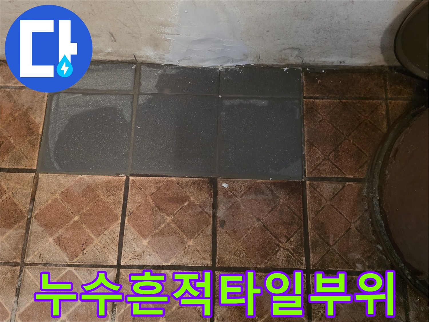 물샘 현상이 나타난 어두운 타일 구역
