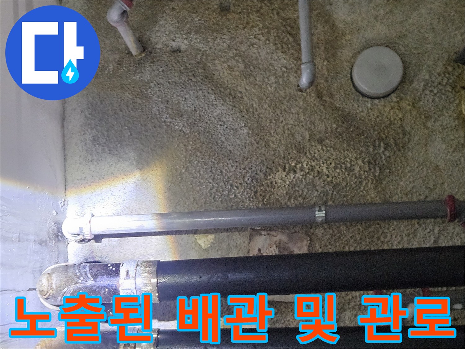 천장에 고정된 다양한 규격의 배관들과 연결 부위들을 촬영한 사진입니다.