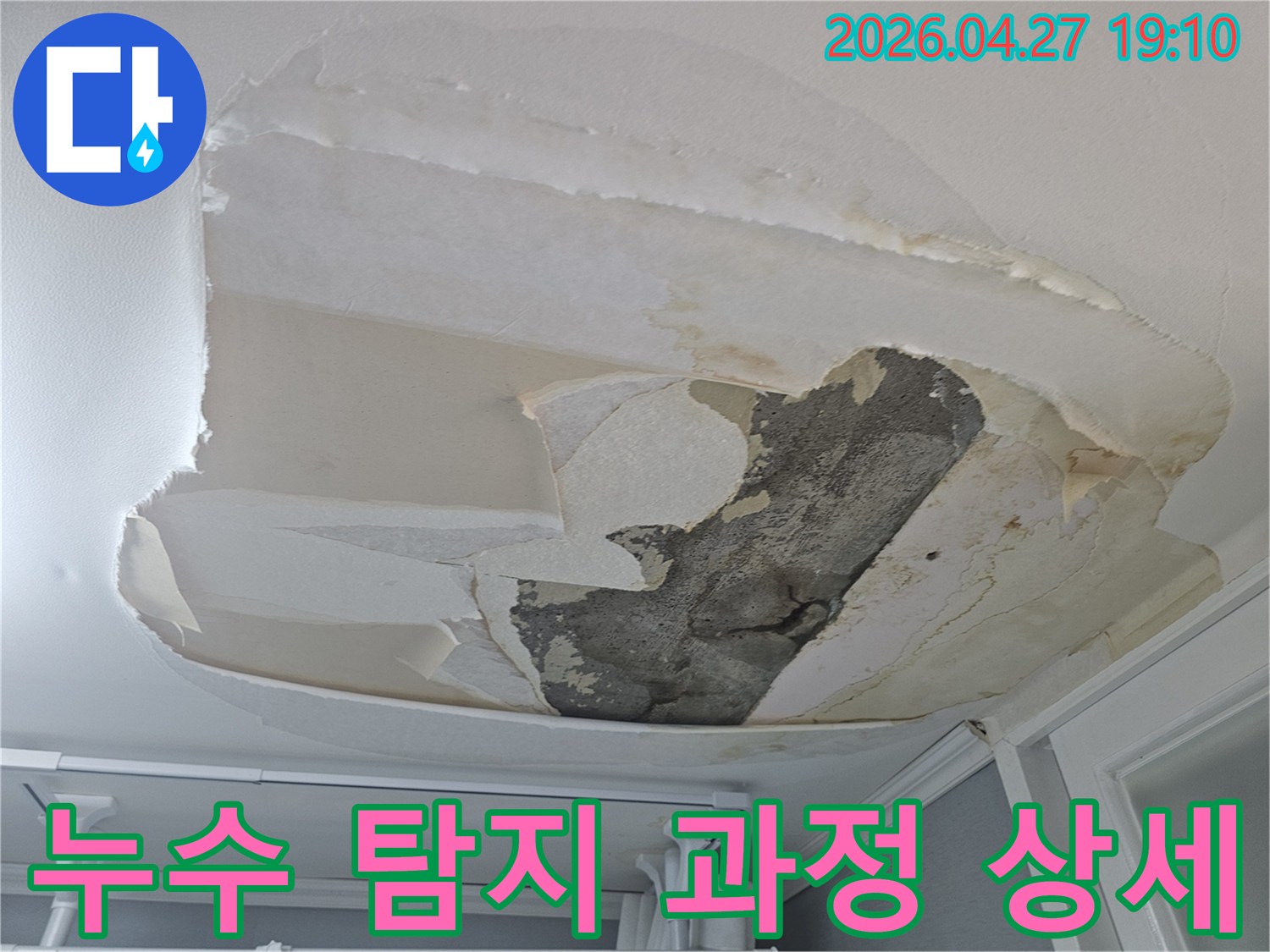 천장 벽지가 물에 젖어-벗겨지고-콘크리트가 노출된-누수 현장에서-탐지 과정을 상세히 설명합니다