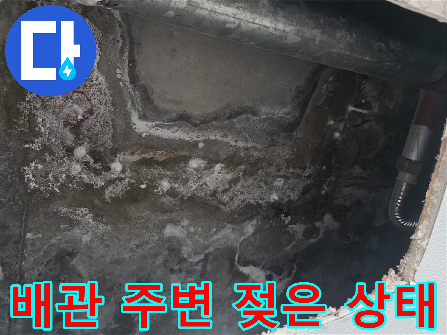 누수 발생 지점-배관 주위의 젖은 콘크리트 면