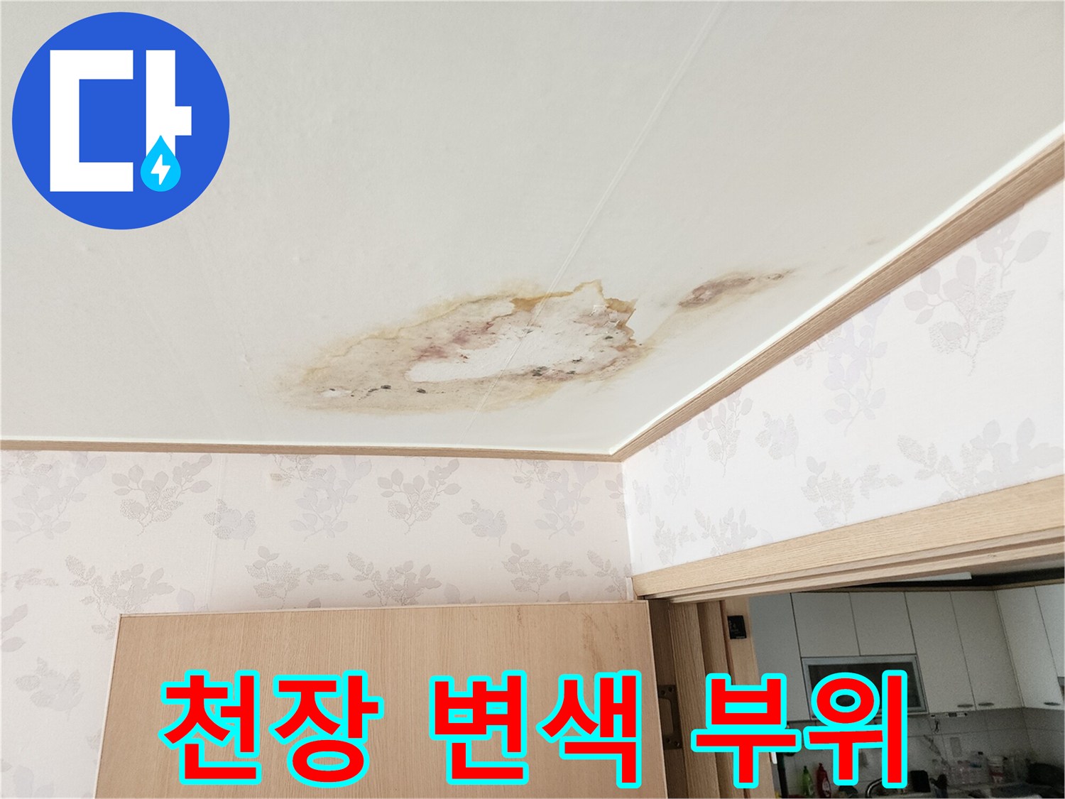 누수로 인해 변색되고 오염된 천장 마감재 상세 사진