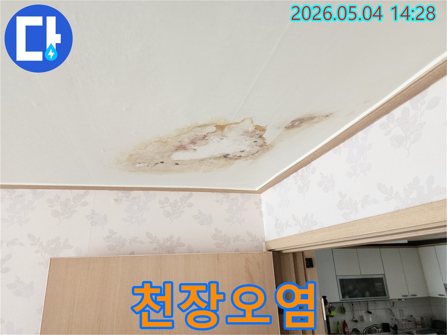 천장 마감재가 손상되고-물자국과 곰팡이가 확산된-누수 발생 현장 사진입니다