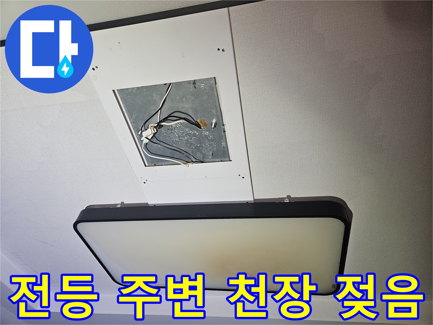 거실 조명 기구 하단-천장 내부의 습기와 배선 노출 모습