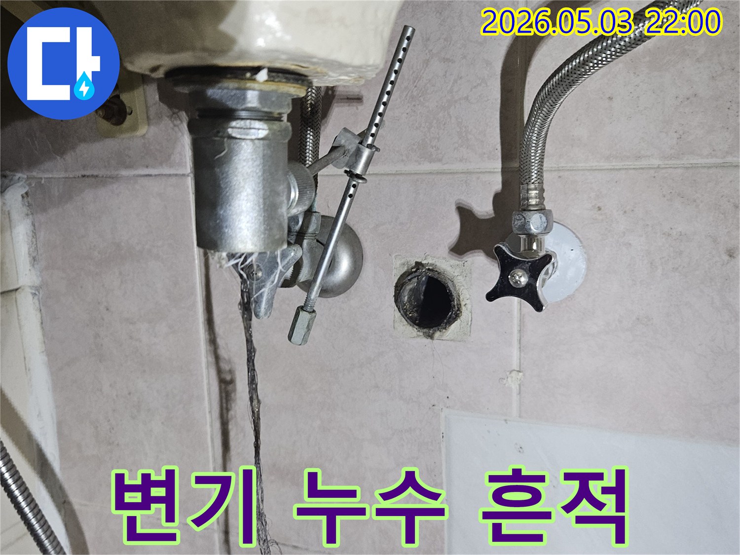변기 뒤편에서 발견된 오래된 누수 흔적과-벽면 타일 틈새로 번진 곰팡이의 모습