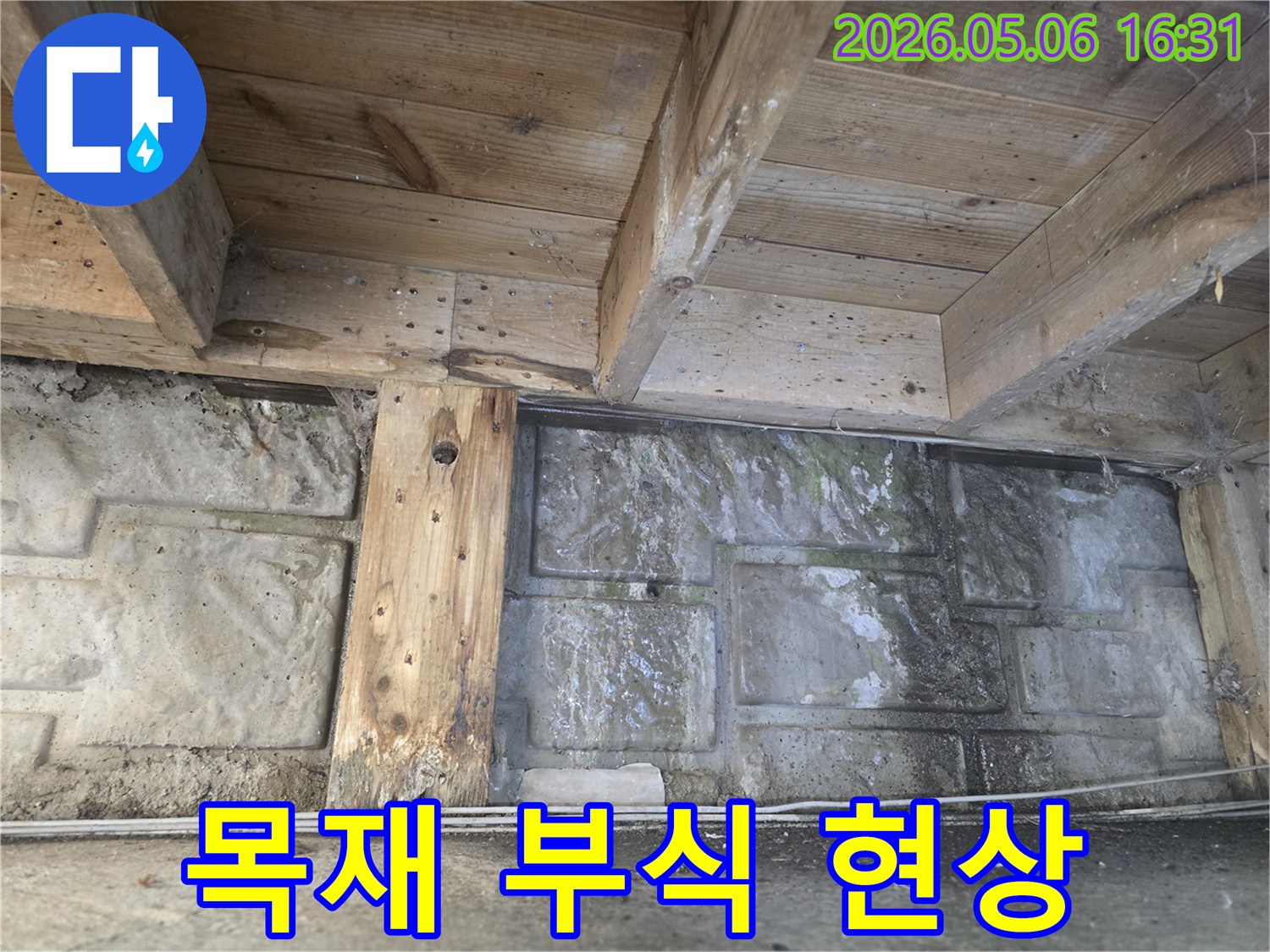 누수로 인해 목재 기둥이 젖고-벽면에 물자국과 곰팡이가 가득한-습한 지하 공간의 모습