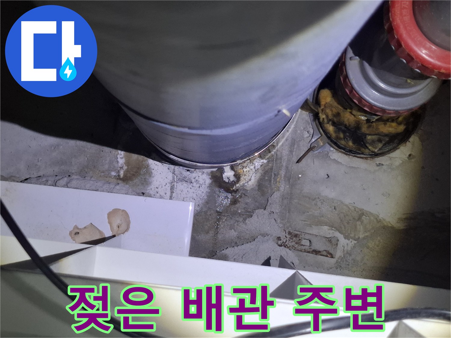 오수관 하단부의 젖은 흔적과 습기가 가득한 천장 내부