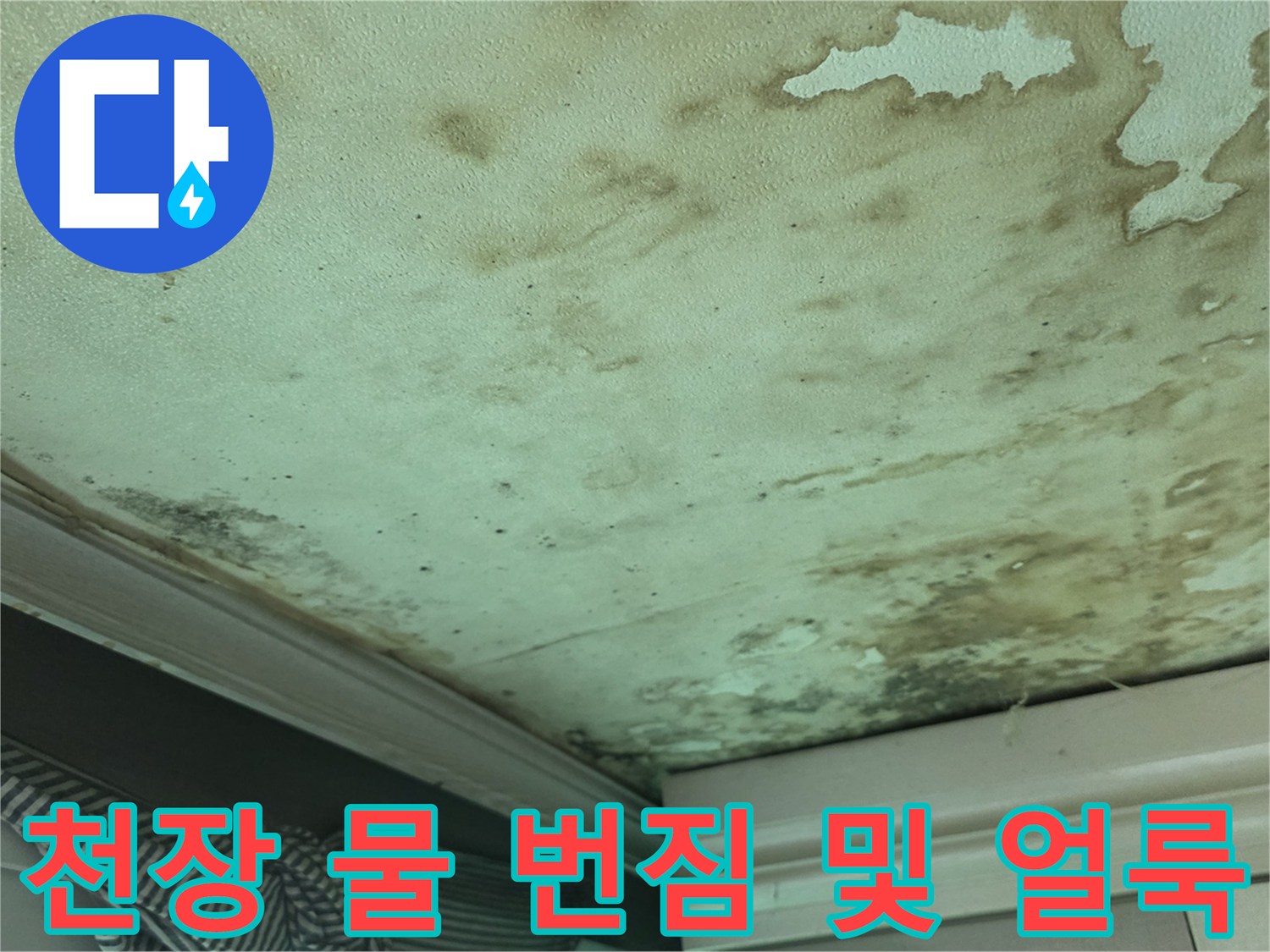 수분 침투로 인해 얼룩진 천장 벽지의 모습
