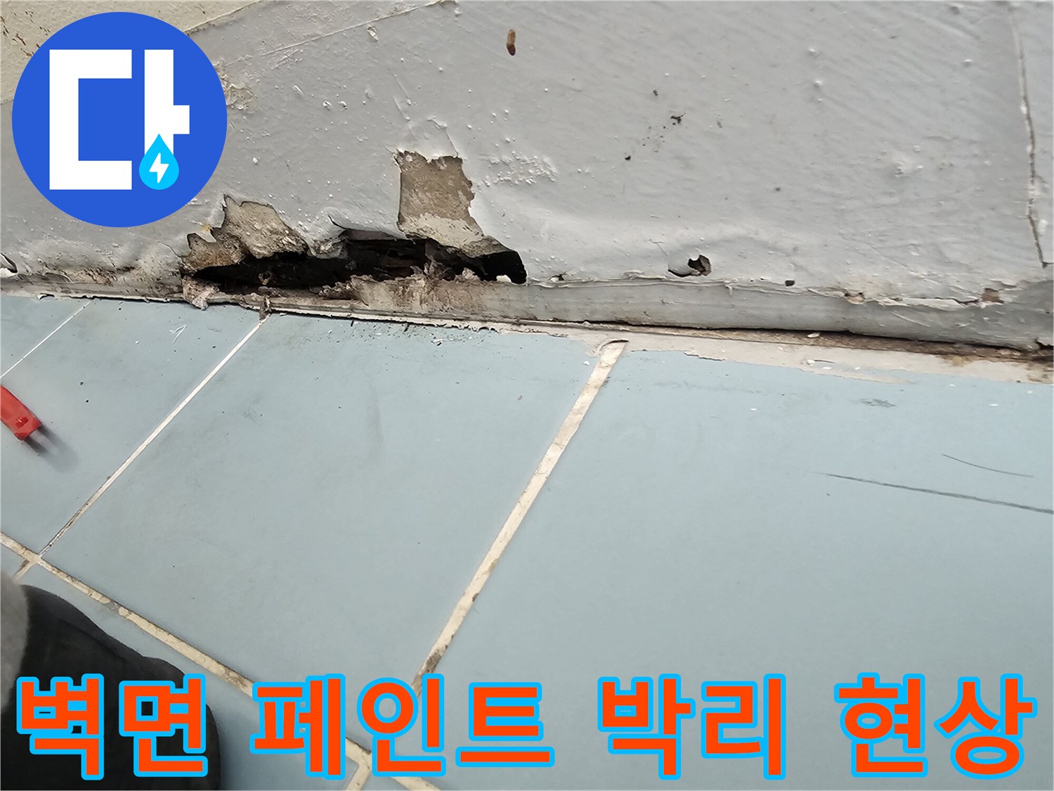 세탁실 하단 벽체-물침투로 인한 도장층 탈락 부위