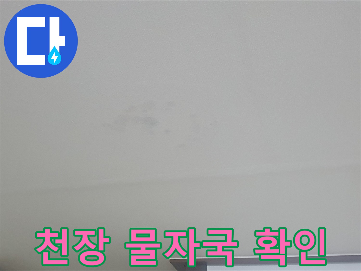 거실 천장 영역-물샘으로 인해 넓게 퍼진 젖은 흔적