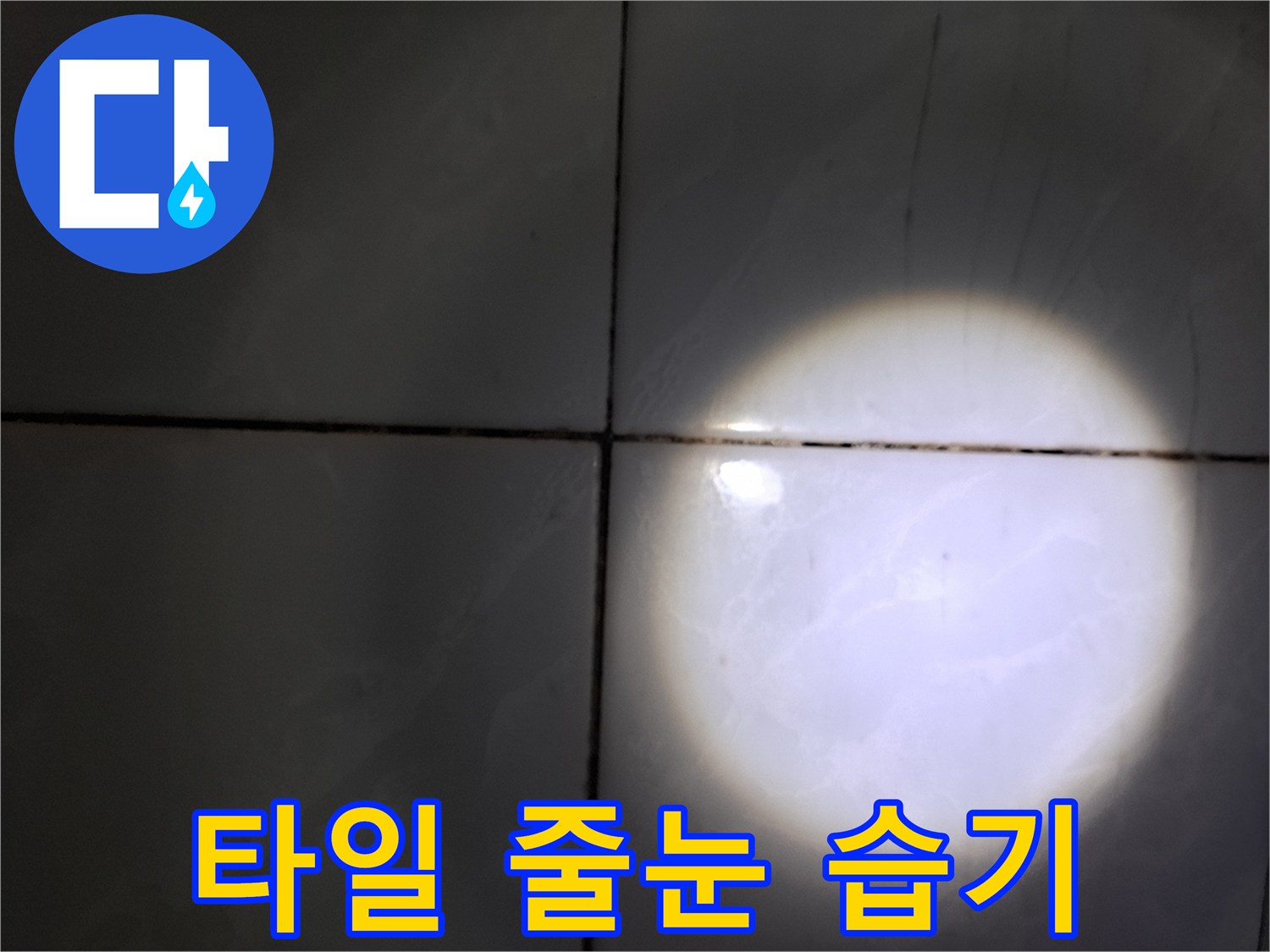 손전등으로 비춘 타일 사이의 젖은 부위