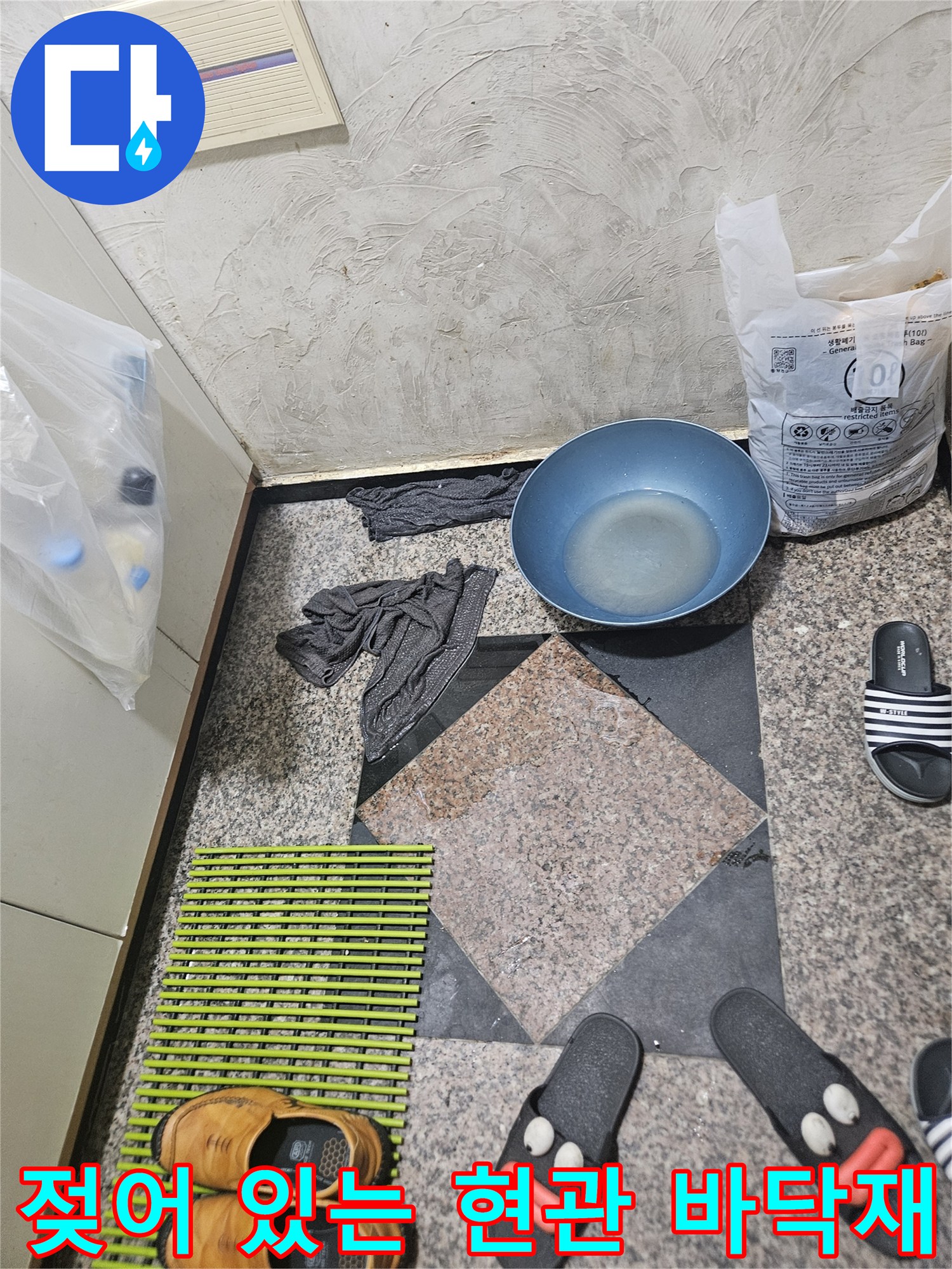 물이 고여 젖어 있는 현관 입구 타일 부위