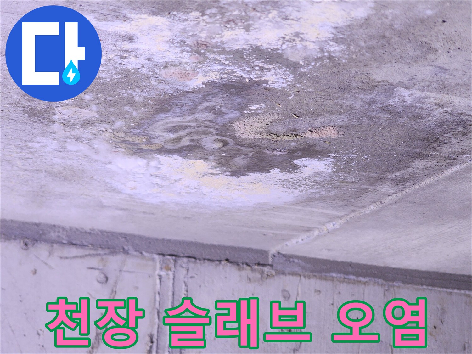 배관 주변의 습기와 물샘 흔적이 남은 천장 면