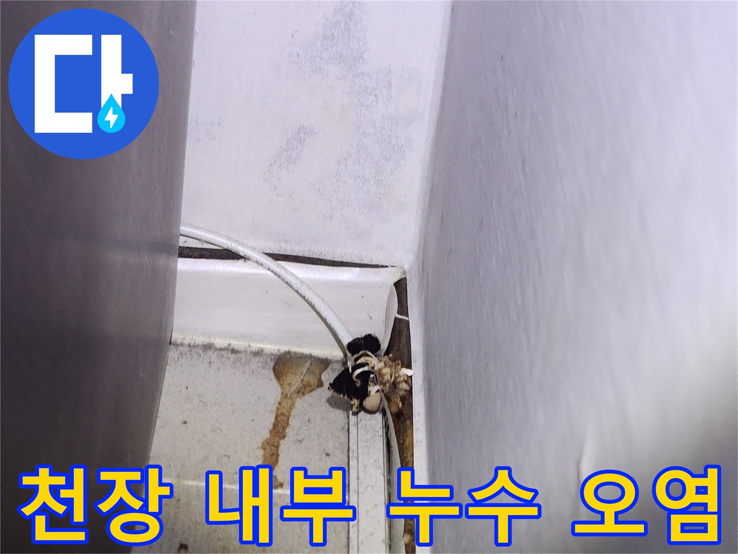 배관 주변의 젖은 벽면과 물샘 흔적이 남은 현장 모습