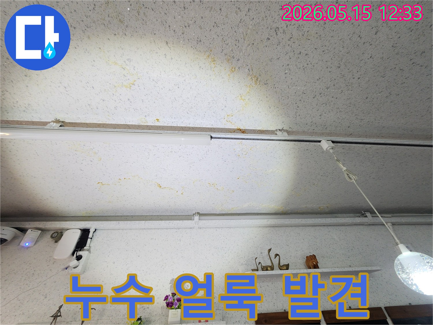 물샘-자국이-선명한-천장-표면의-상태를-기록한-이미지입니다.