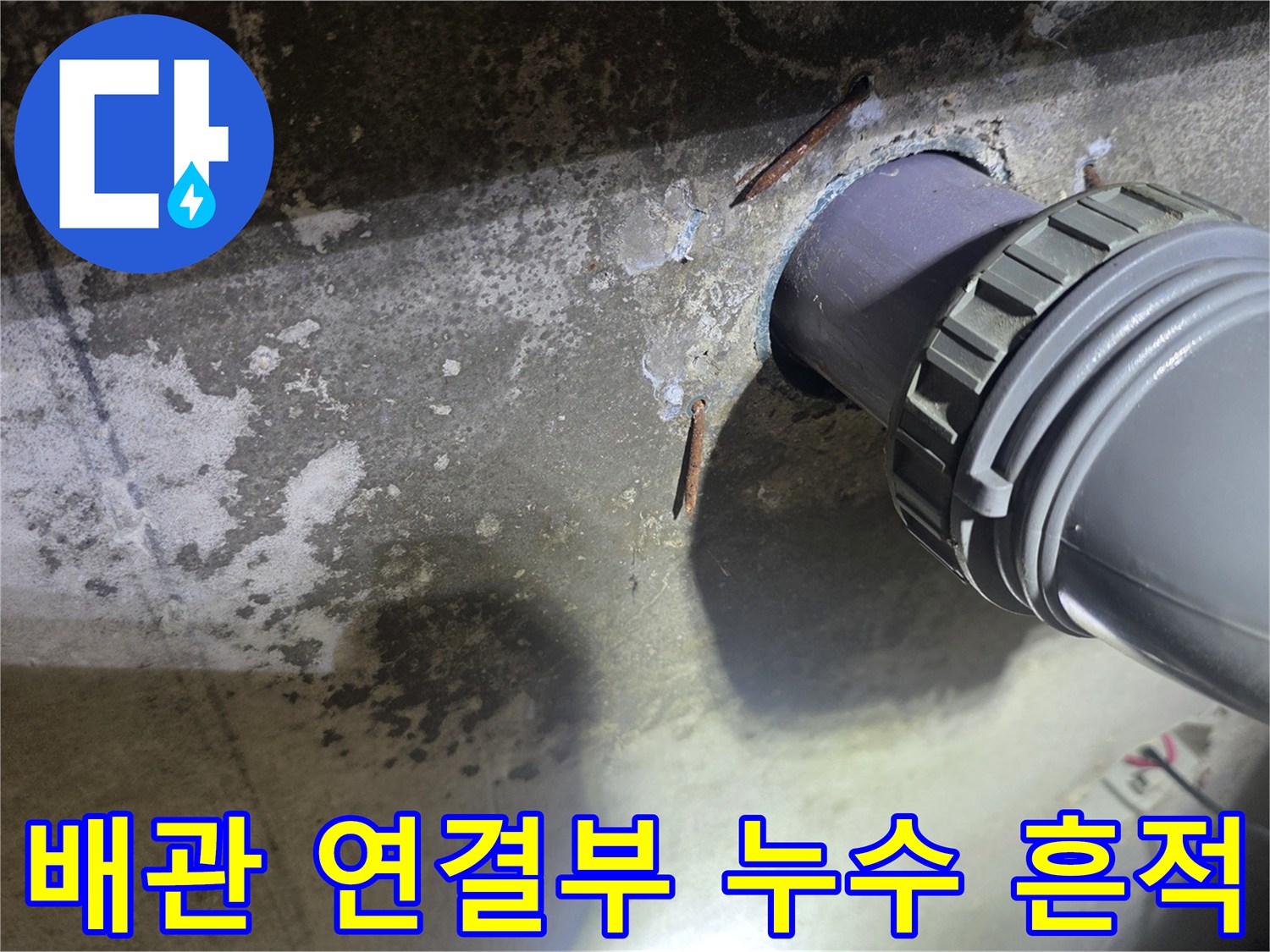 화성 향남 현장의 하수 배관 연결 부위 주변 물샘 흔적 및 오염 상태