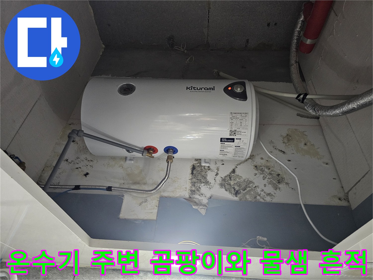 전기-온수기-하부-배관-주변의-심한-습기와-곰팡이-흔적