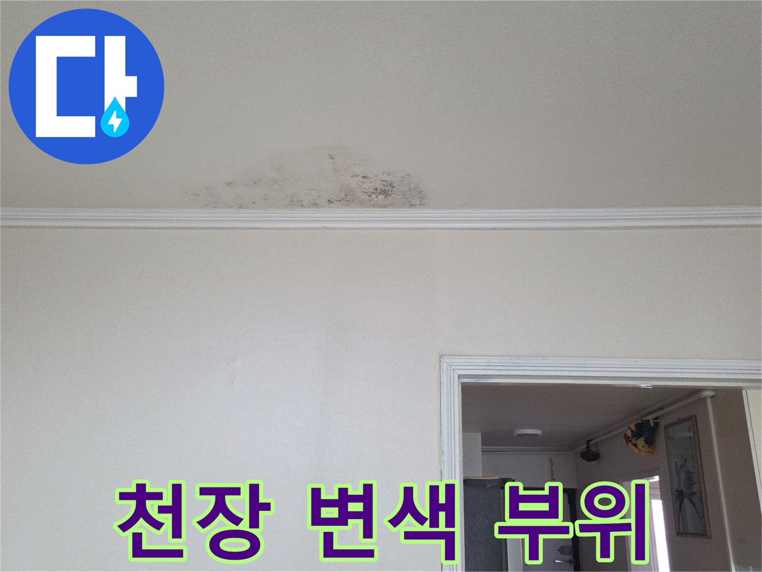 천장 마감재에 나타난 넓은 범위의 물자국과 얼룩