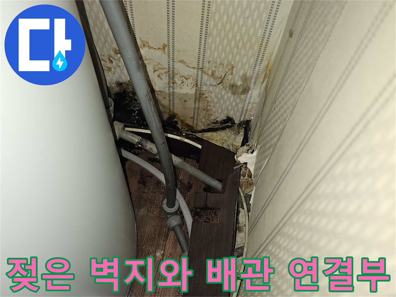 온수 탱크 하단-습기로 오염된 벽면과 배관