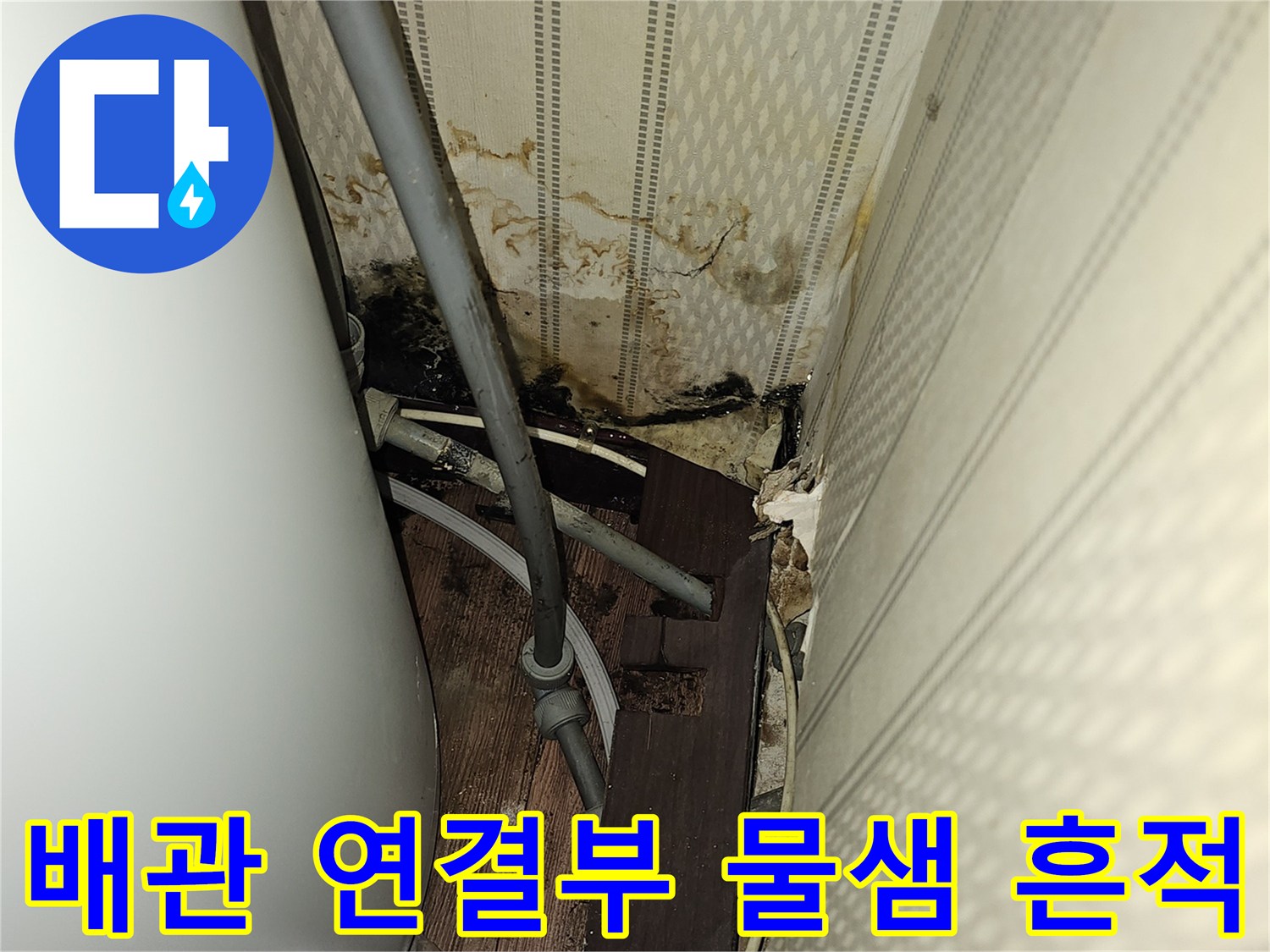 온수탱크 주변-젖은 벽면과 배관 결속 부위 확인