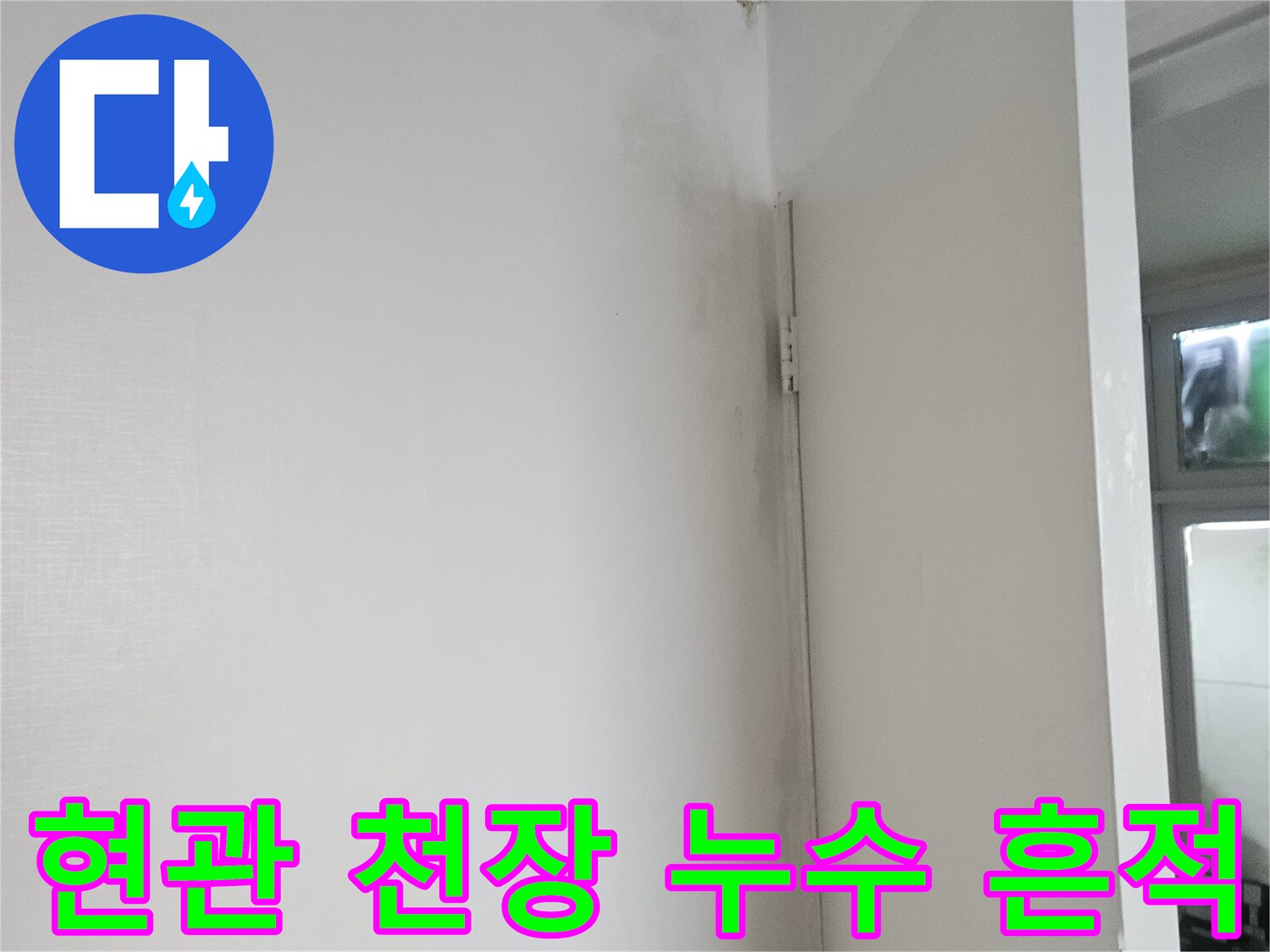 현관 천장 면에 나타난 누수 및 습기 자국