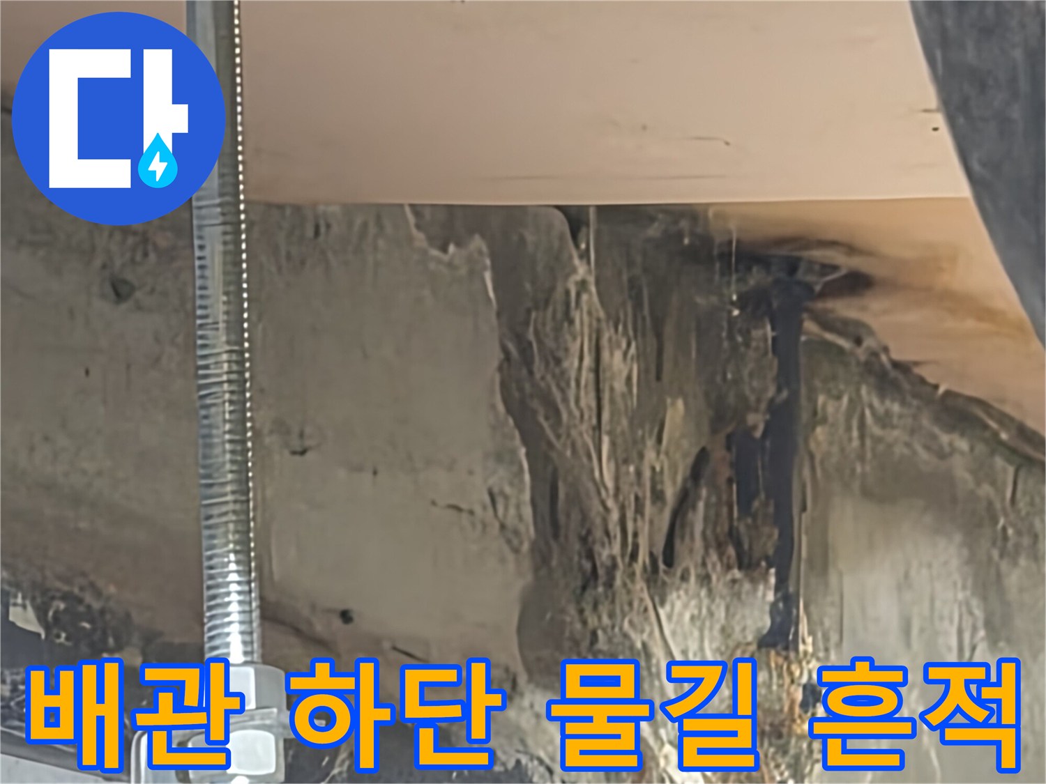 천장 배관 주변에 형성된 물의 흐름과 젖어 있는 슬라브 면